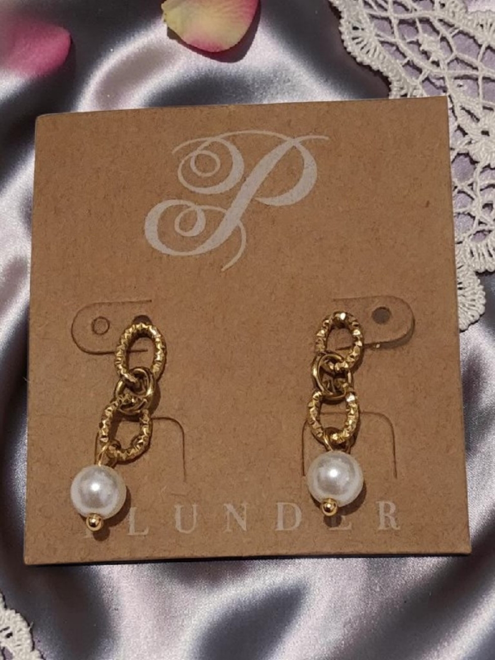 Plunder Gold Chain Link Earrings with White Pearl Drops